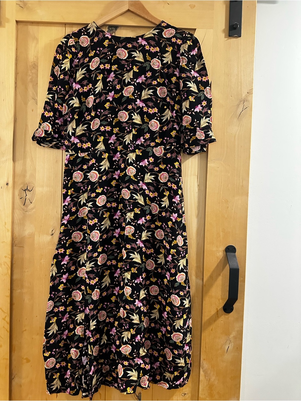 LOFT Black Floral Midi Dress with Pink & Cream Blooms